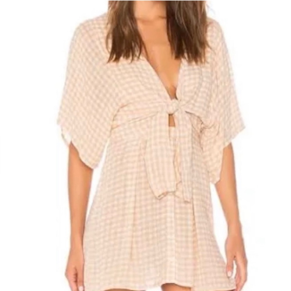 Faithfull the brand gingham play suit mini dress in peach/beige check.